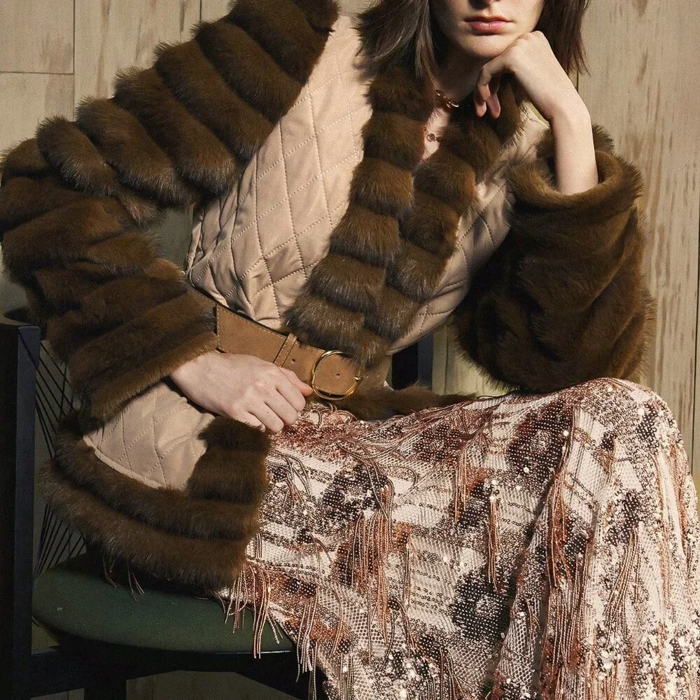 Khaki Casual Women's Quilted Fluffy Coat with Fake Fur - Picture 6 of 9